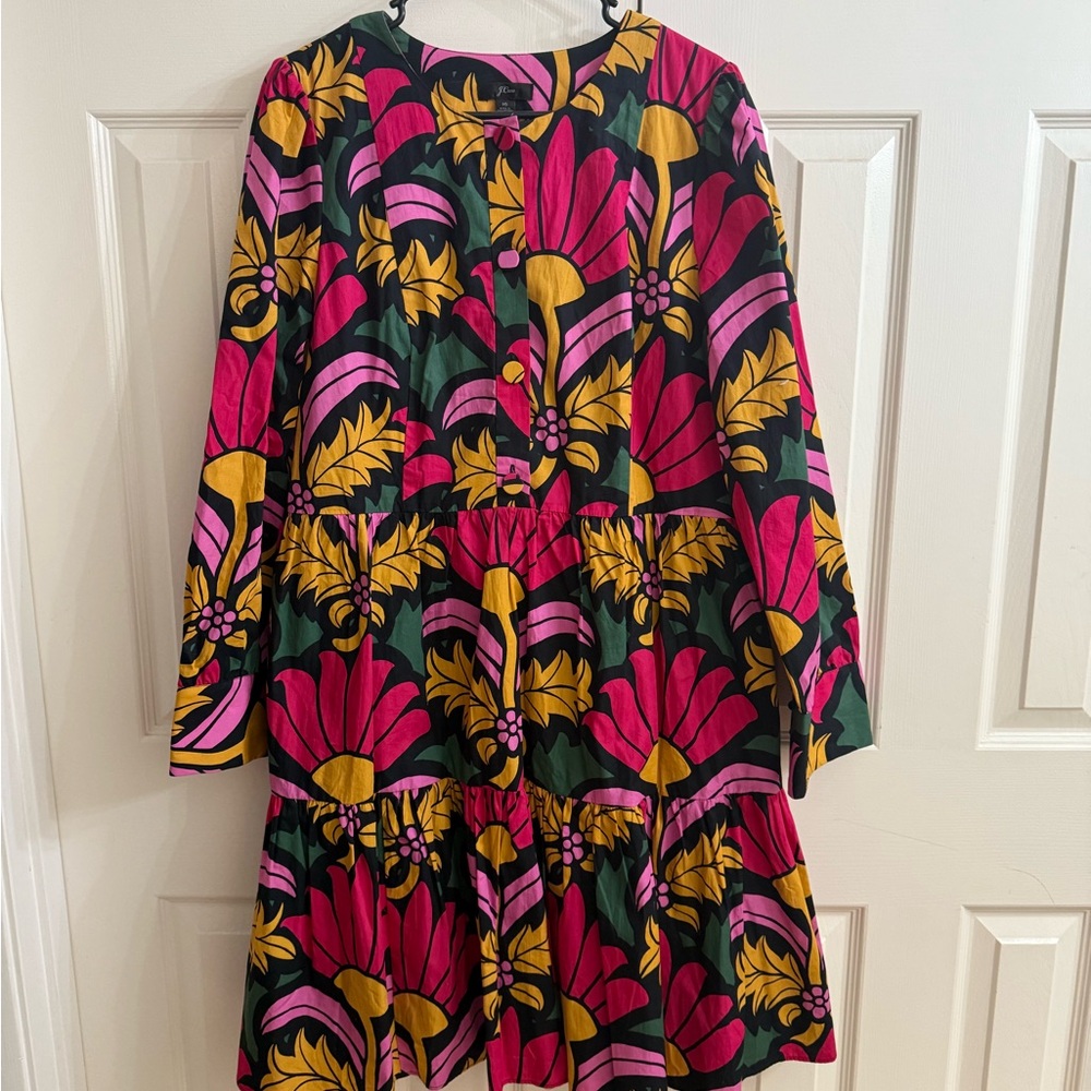 J Crew Colorful Floral Long Sleeve Dress